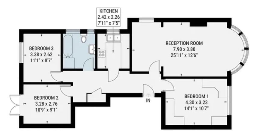 The Burroughs floor plan showing three bedrooms, reception room, bathroom and kitchen