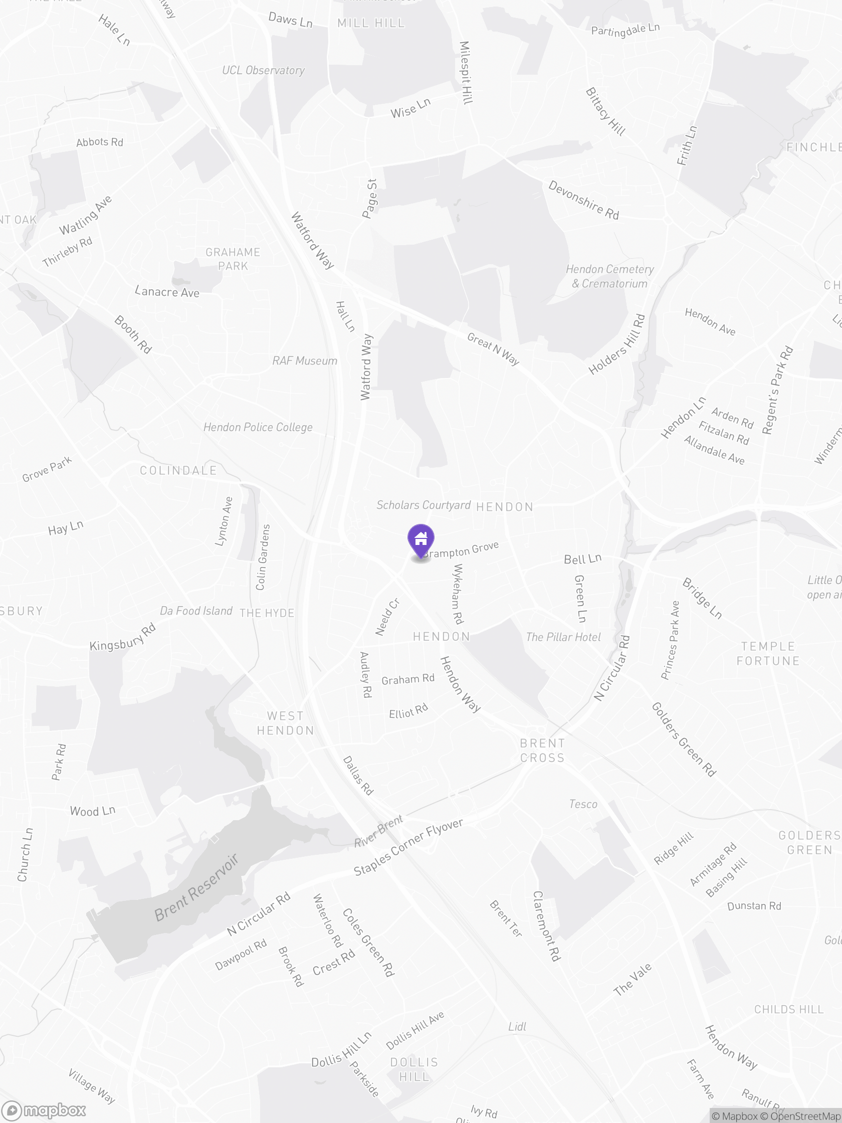 Approximate Mapbox map of the area around Brampton Grove