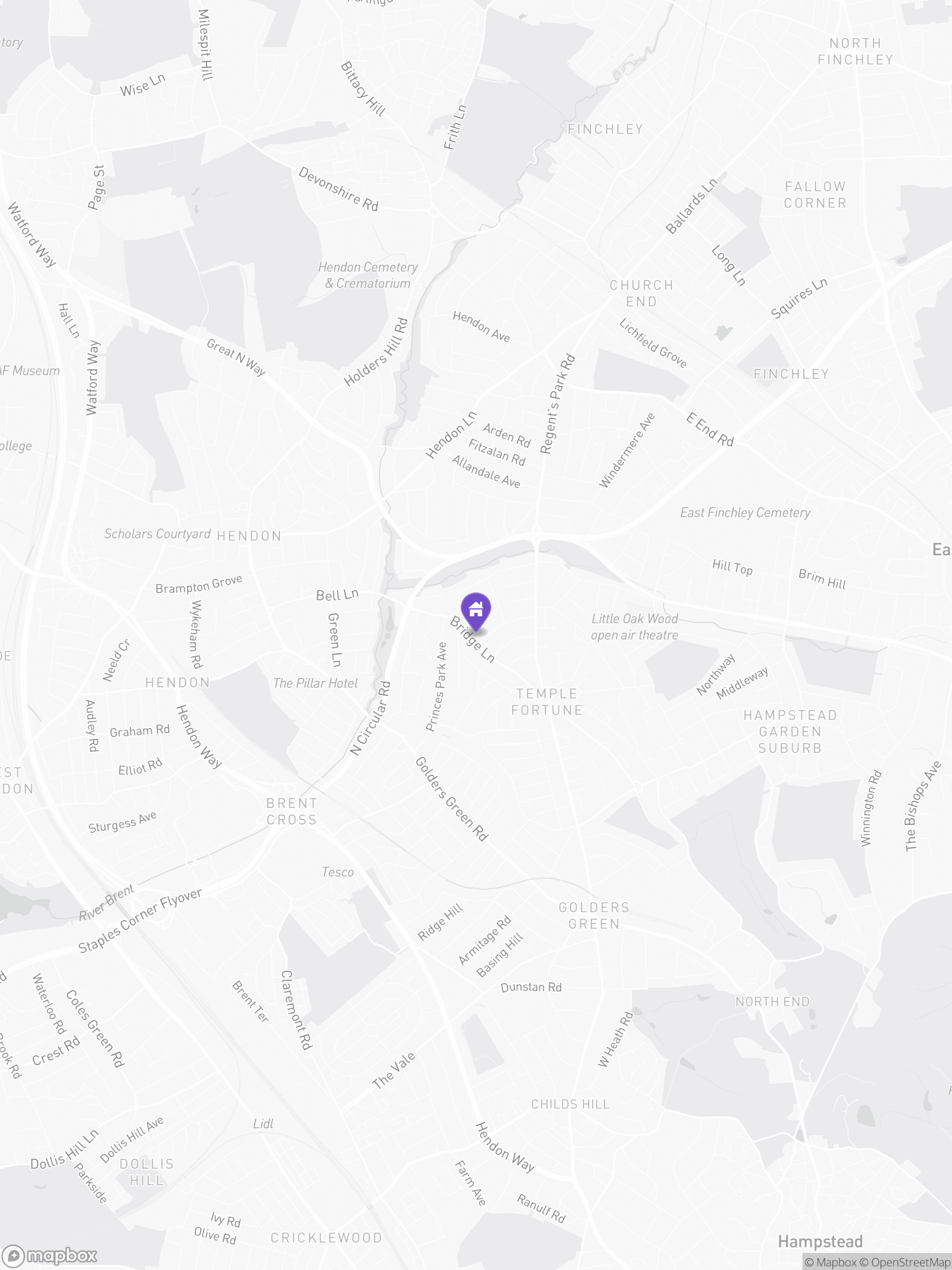Approximate Mapbox map of the area around Bridge Lane