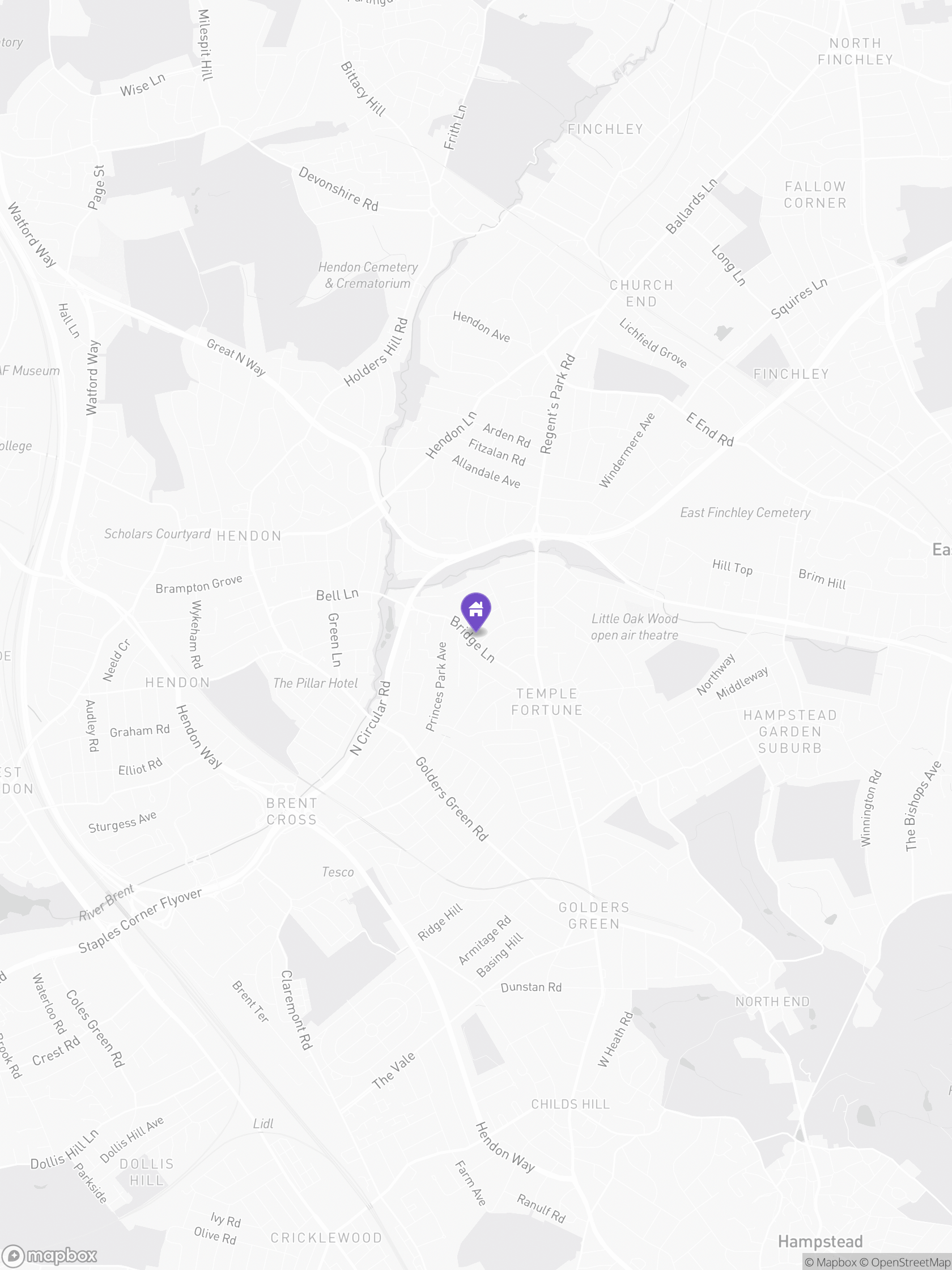 Approximate Mapbox map of the area around Bridge Lane