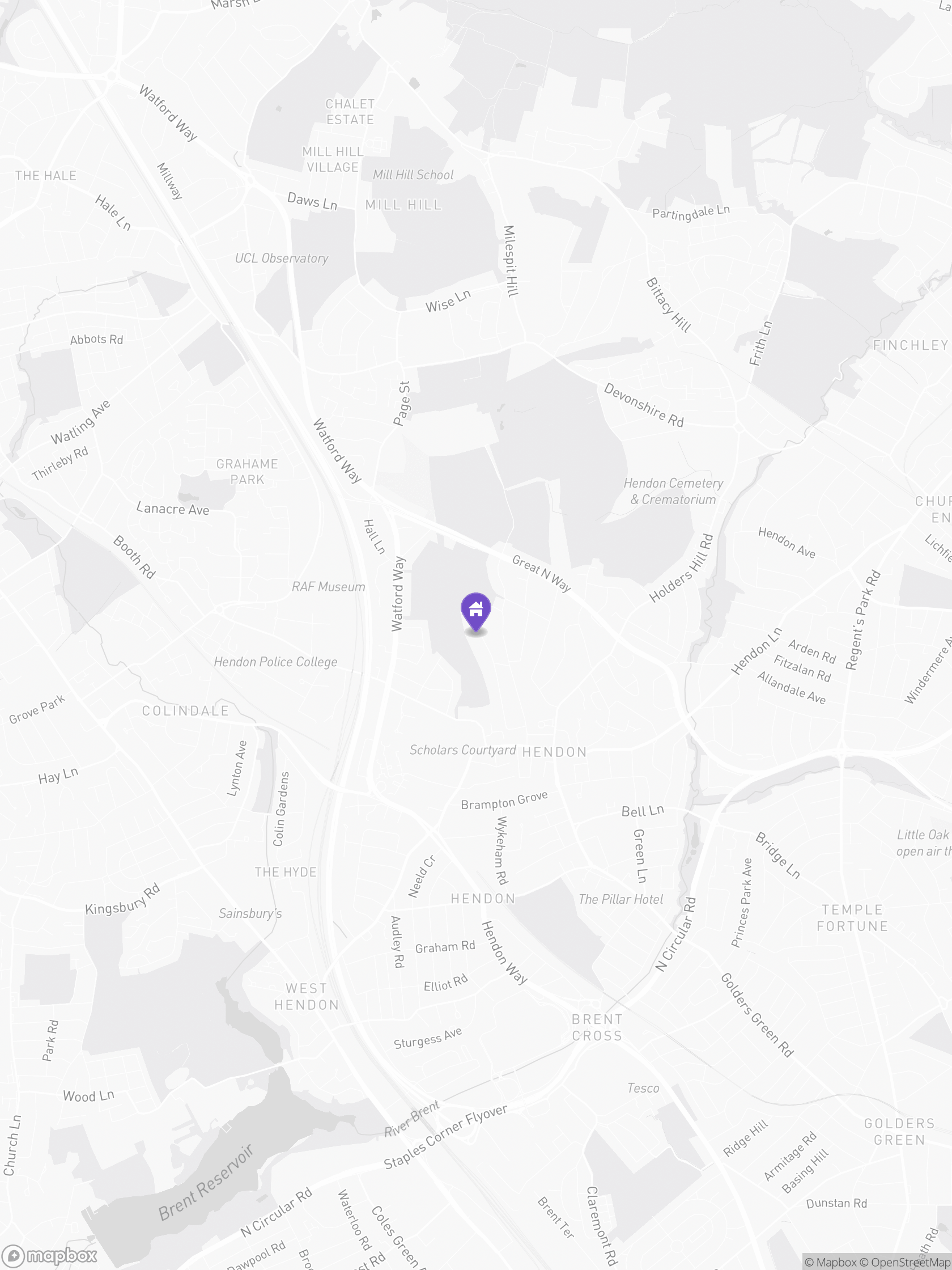 Approximate Mapbox map of the area around Sunningfields Road